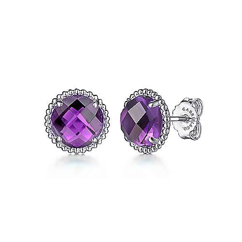 Gabriel & Co Sterling Silver Checkerboard Round Amethyst Stud Earrings With Bujukan Bead Frame