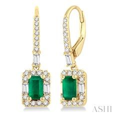 Emerald Shape Gemstone & Halo Diamond Earrings
5x3 MM Octagon Cut Emerald and 1/2 Ctw Round Cut Diamond Earrings in 14K Yellow Gold