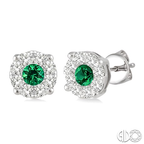 14 Karat White Gold Lovebright 3.2 Mm Emerald And 0.45 Ct Diamond Earrings