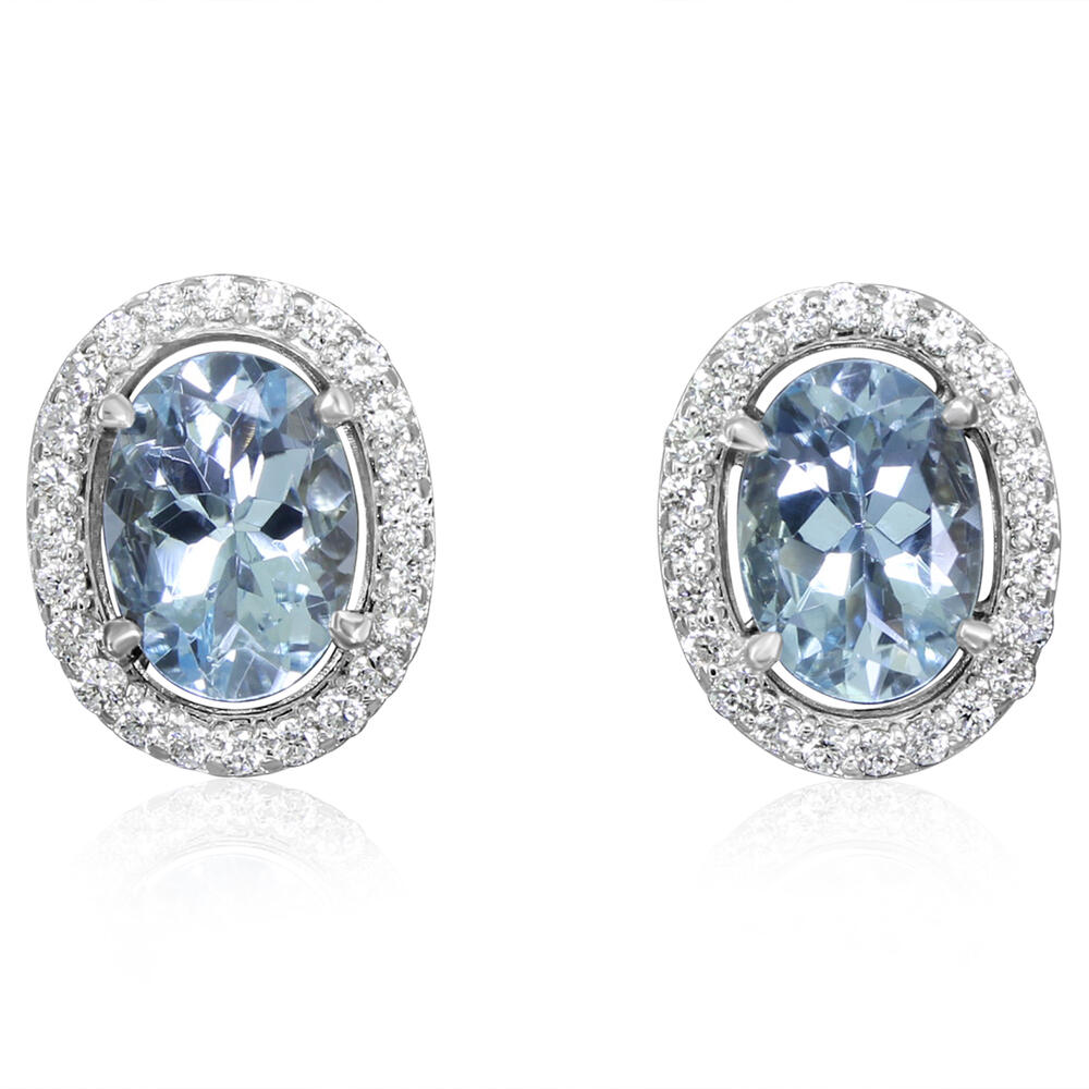 14K White Gold Oval 1.50 Ct Aquamarine and  0.24 Ct Diamond Earrings