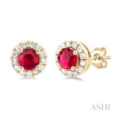 14K Yellow Gold Round Shape Gemstone & Halo Diamond Earrings
1/10 ctw Single Cut Diamond and 3.25MM Round Ruby Halo Precious Stud Earrings