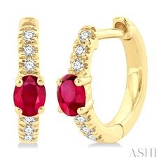 10 Karat Yellow Gold 4X3 Oval Ruby And 0.10 Ct Diamond Petite Huggies