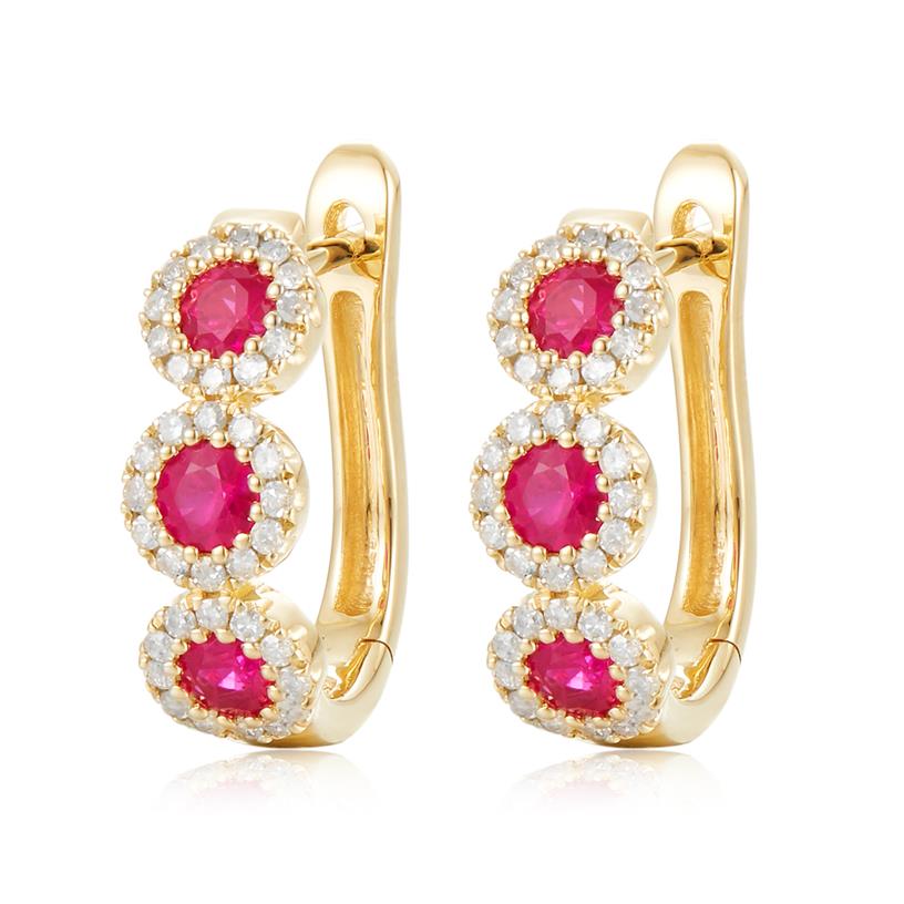 14 Karat Yellow Gold  0.77 ct Ruby Gemstones And 0.37 ct Diamond Halo Hinged Hoop Earrings