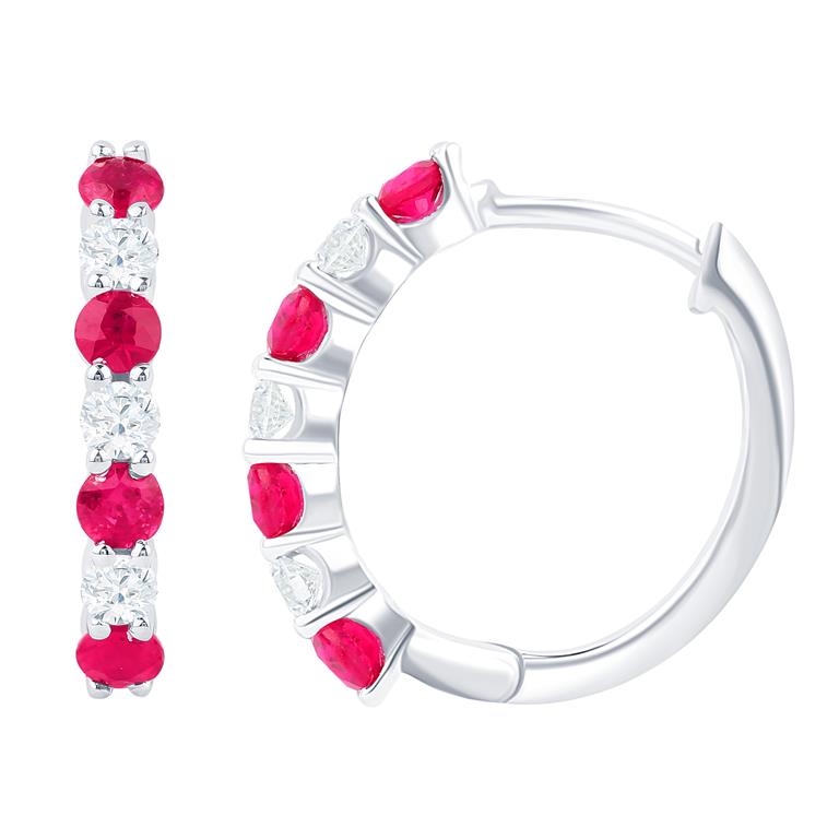 14 Karat White Gold  Small Hoop Earrings With 8=0.64CT Round Ruby Gemstones And 6=0.35CT Round  Diamonds