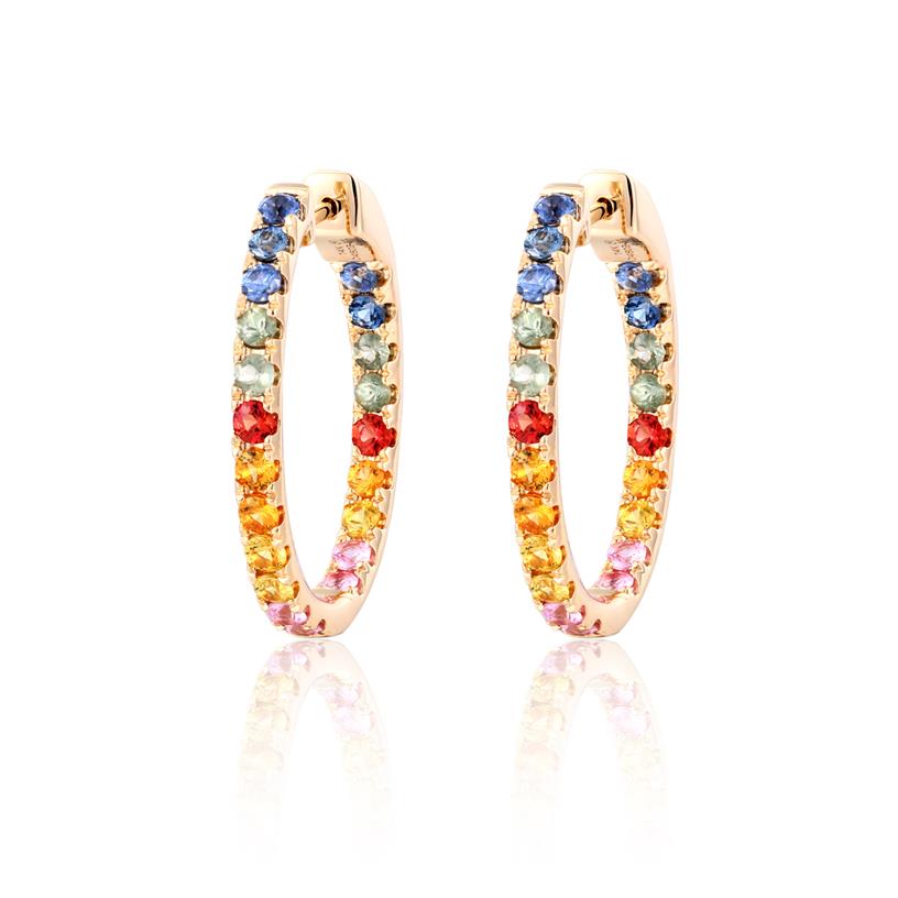 14 Karat Yellow Gold Inside/Outside Oval Large Hoops With 38=3.53CT Mulit-Color Round Sapphires