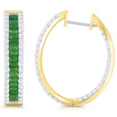 14 Karat Yellow Gold Inside/Outside Large Oval Hoop Earrings With 4.18CT Baguette Emeralds And 2.10CT Round Diamonds