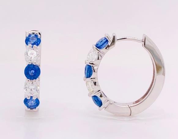 14 Karat White Gold  Alternating Gemstone Hoop Earrings With Round Sapphires 1.75 Ct  And 0.79 ct Round Brilliant Cut Diamonds