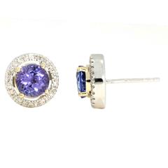 14 Karat Yellow/White Halo Studs Earrings With 2=2.48Tw Round Tanzanite Gemstones And 0.20Tw Round Diamonds