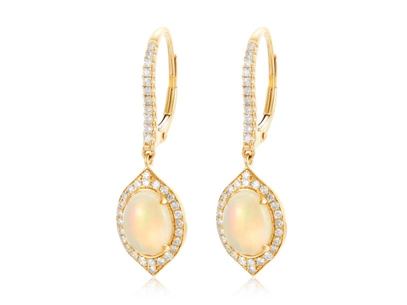 14 Karat Yellow Gold Dangle Lever Back Earrings With 2=1.61Tw Oval Opals And 0.36Tw Diamonds