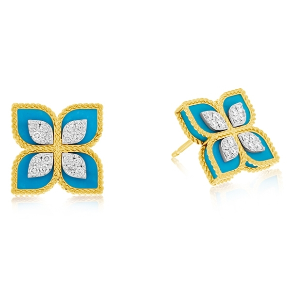 Roberto Coin 18 Karat Yellow Gold Turquoise And 0.35 Ct Diamond Venetian Princess Earrings