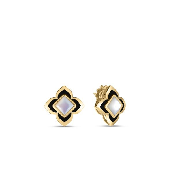 Roberto Coin 18 Karat Yellow Gold Palazzo Ducale Carnevale Black Enamel & Mother Of Pearl Flower Stud Earrings