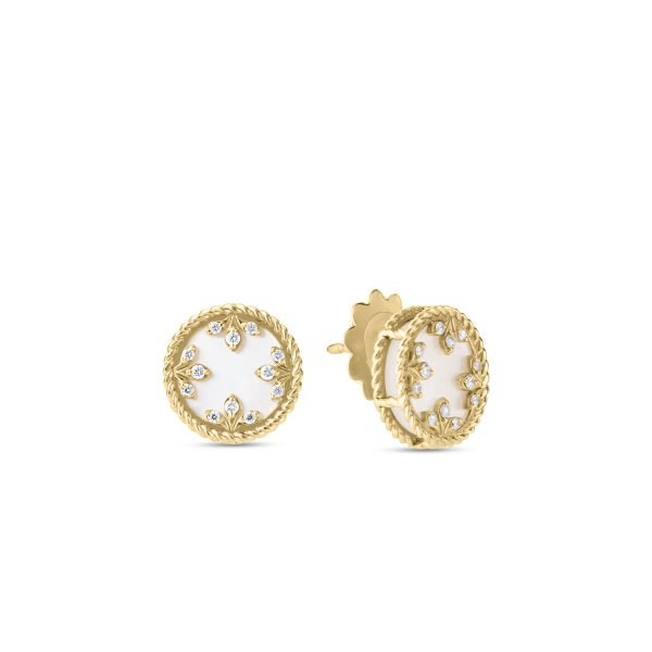 Roberto Coin 18 Karat Yellow Gold Colored Medallions Small Diamond 0.10 Ct  And Mother Of Pearl Stud Earrings