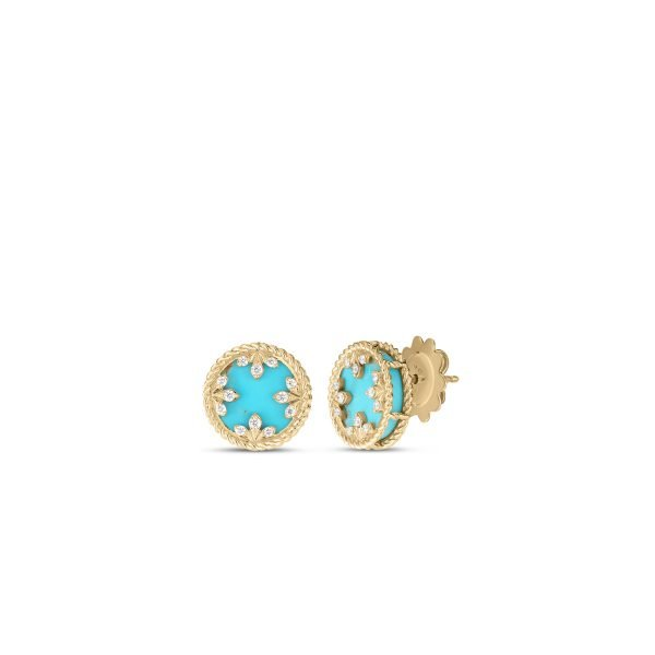 Roberto Coin 18 Karat Yellow Gold Colored Medallions Small Diamond 0.10 Ct  And Turquoise Stud Earrings