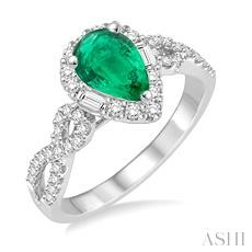 14 Karat White Gold 7 X 5 Pear Shape Emerald And Diamond 0.45 Ct Ring