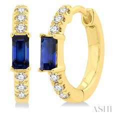 10 Karat Yellow Gold 4 X 2 Baguette Sapphire And 0.12 Ct Diamond Huggies