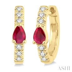 10 Karat Yellow Gold 4 X 3 Mm Pear Shape Ruby And 0.10 ct Diamond Huggies