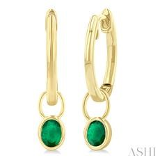 14 Karat Yellow Gold 5 X 3 Oval Emerald Bezel Set Huggie Earrings