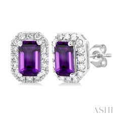 10 Karat White Gold Emerald Cut 5 X 3 Amethyst And Single Cut Diamond Halo Earrings 0.13 Ct