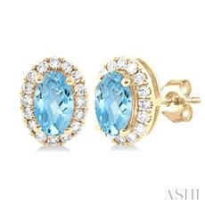 10 Karart Yellow Gold 5 X 3 Oval Aquamarine And 0.13 Ct Single Cut Diamond Halo Earrings