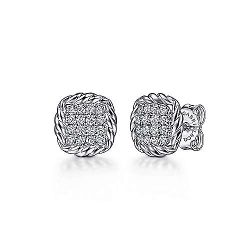 Gabriel & Co Sterling Silver White Sapphire Pave Center and Rope Frame Stud Earrings