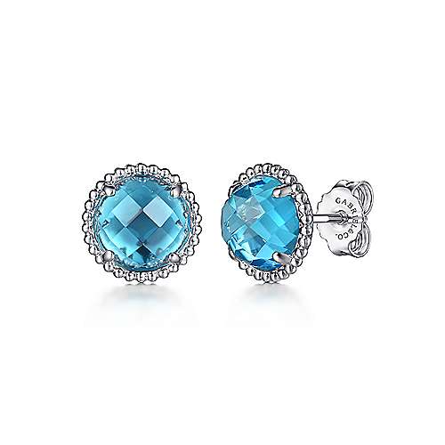 Gabriel & Co Sterling Silver Blue Topaz Stud Earrings with Bujukan Bead Frame