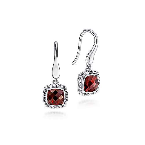 Gabriel & Co Sterling Silver Earrings with Cushion Cut Garnet Drops