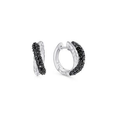 Sterling Silver Hammered 10mm Black Spinel Huggies 1.38CTW