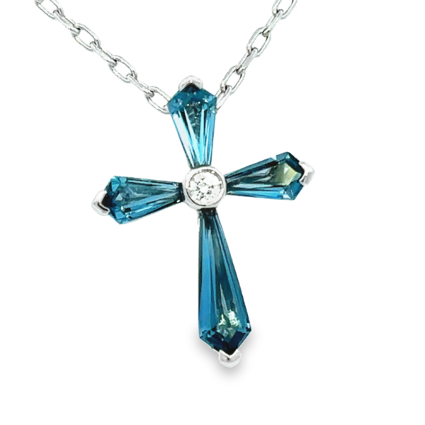 Charles Krypell 18 Karat White Gold London Blue Topaz  And Diamond Cross Pendant Necklace