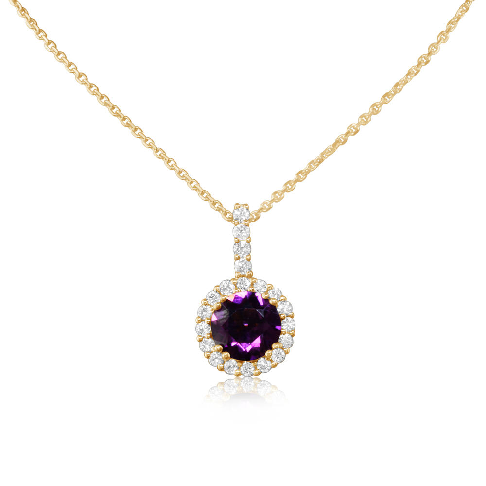 14 karat yellow gold purple garnet and diamond halo pendant 20 inch