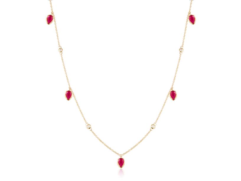 14 Karat Yellow Gold Dangle Station Necklace With 5=1.71CT Pear Ruby Gemstones  And 4=0.09CT Round H/I SI Diamonds
Length: 18