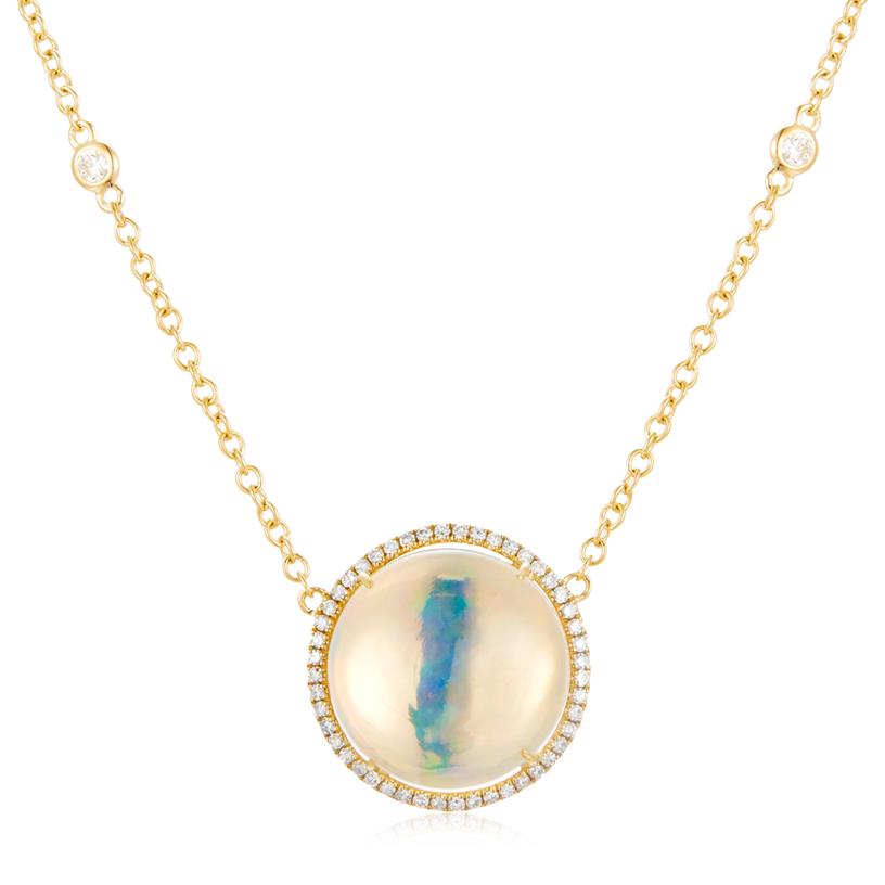 14 Karat Yellow Gold  3.30 Ct Round Opal And 0.23 Ct Diamond Pendant 
Length: 18