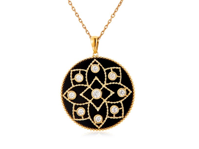 14 Karat Yellow Gold Beaded Medallion With Black Onyx 7.82Ct  And 9=0.52Tw Round Diamonds 
Length: 18