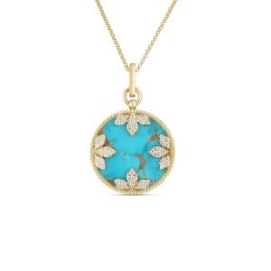 Roberto Coin 18 Karat Yellow Gold Colored Medallions Small Diamond And Turquoise Necklace 18 Inch 
17 mm