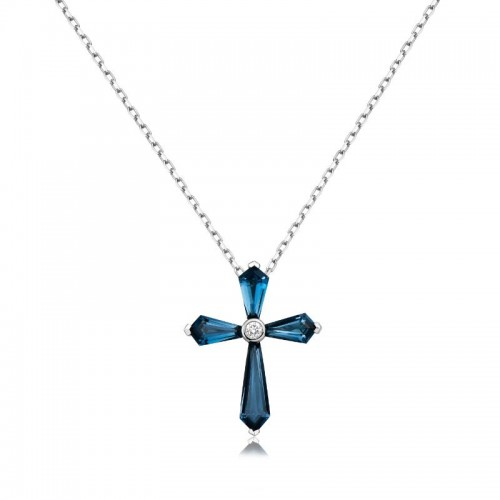 Charles Krypell 18 Karat White Gold Pastel Cross Pendant Necklace With 4 London Blue Topaz Weighing 1.34Tw And 0.04Tw Diamond