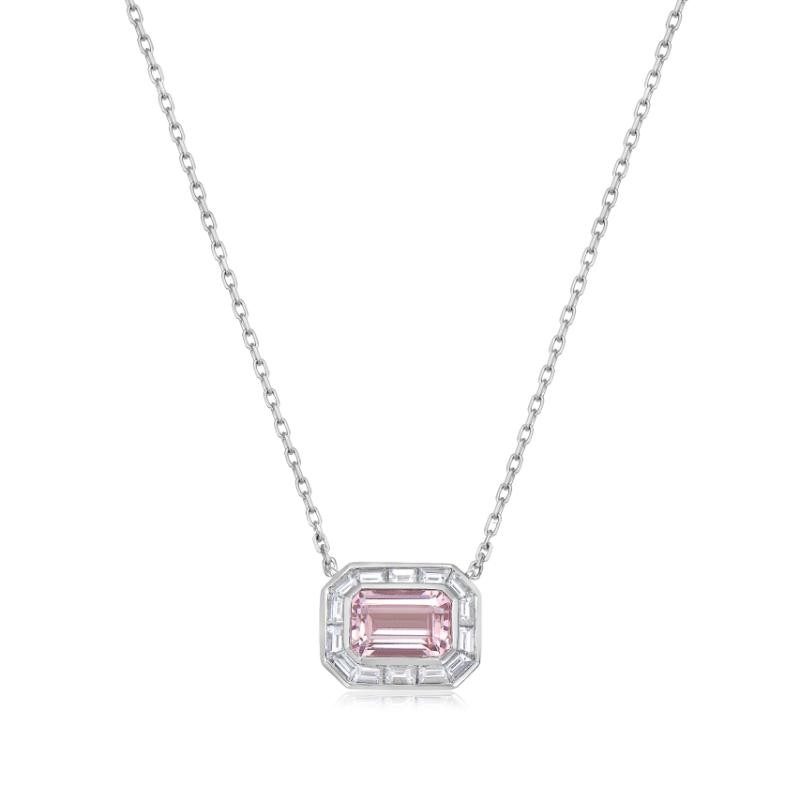 Charles Krypell 18 Karat White Gold Pendant With One Emerald Cut Morganite 1.53Ct And 14=0.70Tw And  Baguette Diamonds 0.70Ct