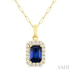 14 Karart Yellow Gold 6 X 4 Mm Emerald Cut Sapphire And Diamond Halo Pendant 18 Inch Paperclip Chain