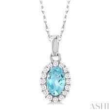 10 Karat White Gold 5 X 3 Mm Oval Aquamarine And Diamond 0.07 Ct Halo Pendant