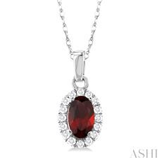 14 Karat White Gold 5 X 3 Mm Oval Garnet And Diamond 0.07 Ct Halo Pendant