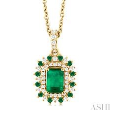 14 Karat Yellow Gold 6 X 4 Emerald Cut Emerald Pendant With 1.5 mm Round Emeralds And 0.20 Ct Diamonds  18 Inch