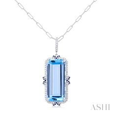 14 Karat Gold Blue Topaz, Sapphire And 0.20 Ct Diamond Pendant 
18 Inch Petite Paperclip Chain