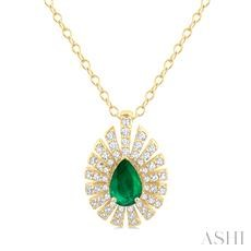 14 Karat Yellow Gold 6 X 4 Mm Pear Shape Emerald And 0.30 ct Diamond Starburst Halo Pendant 18 Inch