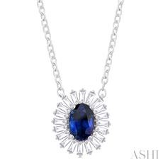 14 Karat White Gold 6 X 4 Mm Oval Sapphire And 0.35 Ct Baguette Cut Diamond Halo Pendant 18 Inch