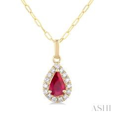 14 Karat Yellow Gold Pear Shape 6 X 4 Ruby With Diamond 0.15 Ct  Halo 
Petite Paperclip Chain 18 Inch