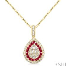 14 Karat Yellow Gold Round Brilliant And Baguette Cut 0.25 Ct And Ruby Teardrop Shape Pendant 18 Inch