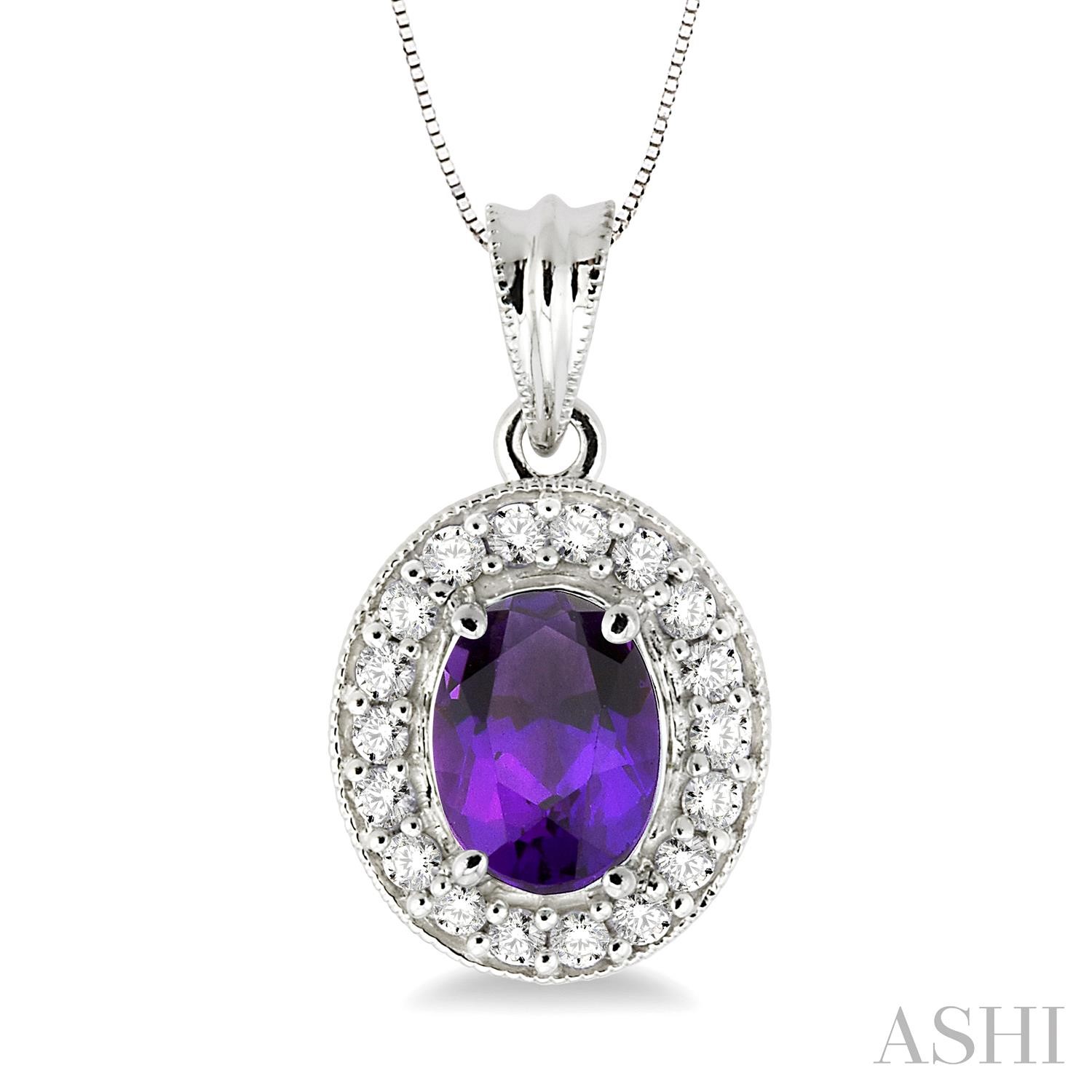 14 Karat White Gold Oval Shape Amethyst And 0.33 Ct Diamond Pendant