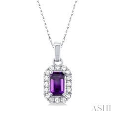 10 Karat White Gold 5 X 3 Emerald Cut Amethyst And Diamond Halo Pendant 18 Inch