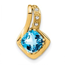 14 Karat Yellow Gold 7.0 Mm Cushion Cut Blue Topaz And Diamond Pendant 0.015 Ct 18 Inch Chain