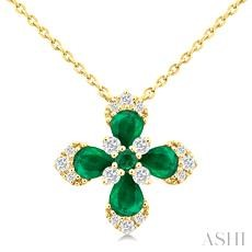 14 Karat Yellow Gold Pear And Round Cut Emerald And Diamond 0.15 Ct Floral Pendant 18 Inch