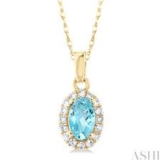 10 Karat Yellow Gold Oval 5 X 3 Aquamarine And 0.07 Ct Diamond Halo Pendant 18 Inch