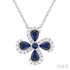 14 Karat White Gold 4 X 3 MM Pear Shape Sapphire, 2.0 MM Sapphire And 0.15 Ct Round Brilliant Cut Diamond Pendant 18 Inch